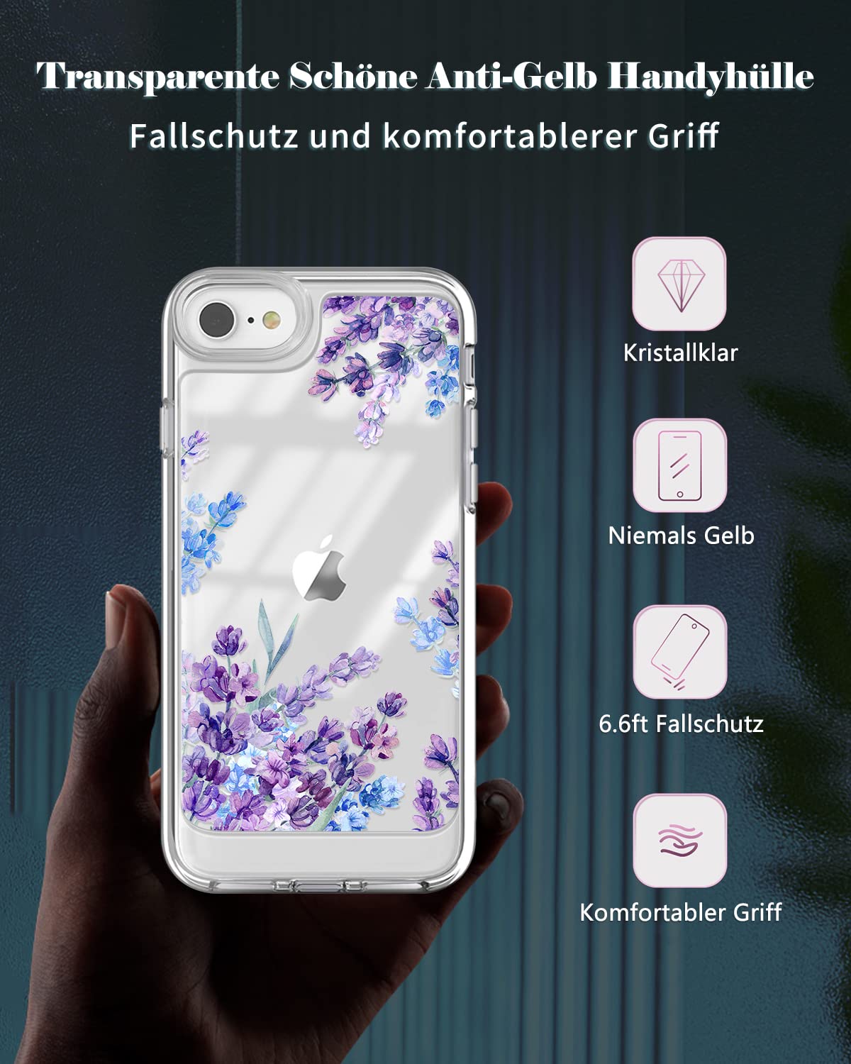 IPhone SE/8/7 Hülle Mit Panzerglas – Transparent, Stoßfest, Blumenmuster
