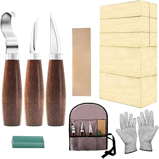 Kit de talado de madera con bloques de tilo para adultos y niños principiantes, el juego de tallado incluye 3 cuchillos viejos y 8 bloques y guantes, regalos para Navidad, Día del Niño, Día del Padre
