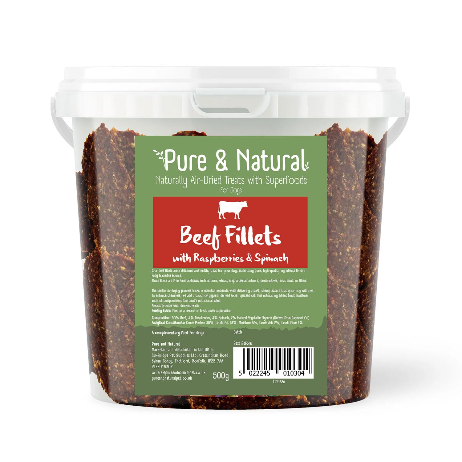 Pure & Natural Superfoods Air Dried Beef Fillets Treats with Raspberries & Spinach - Healthy Dog Chews and Dog Nutrition - Tub 500g