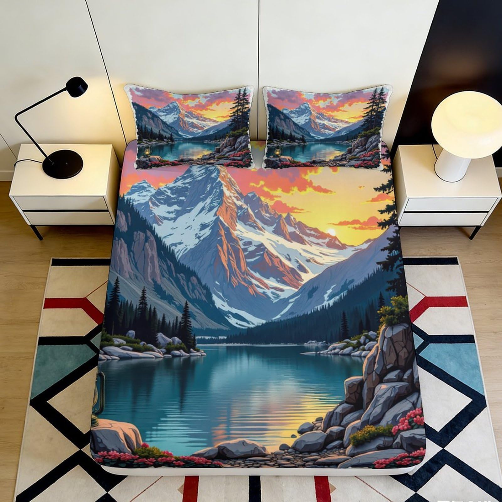 3D Printed Mountain Lake Sunset Fitted Sheet Microfiber Soft Breathable Alpine Forest Bed Cover for Bedroom Guest Room 140x200x25cm