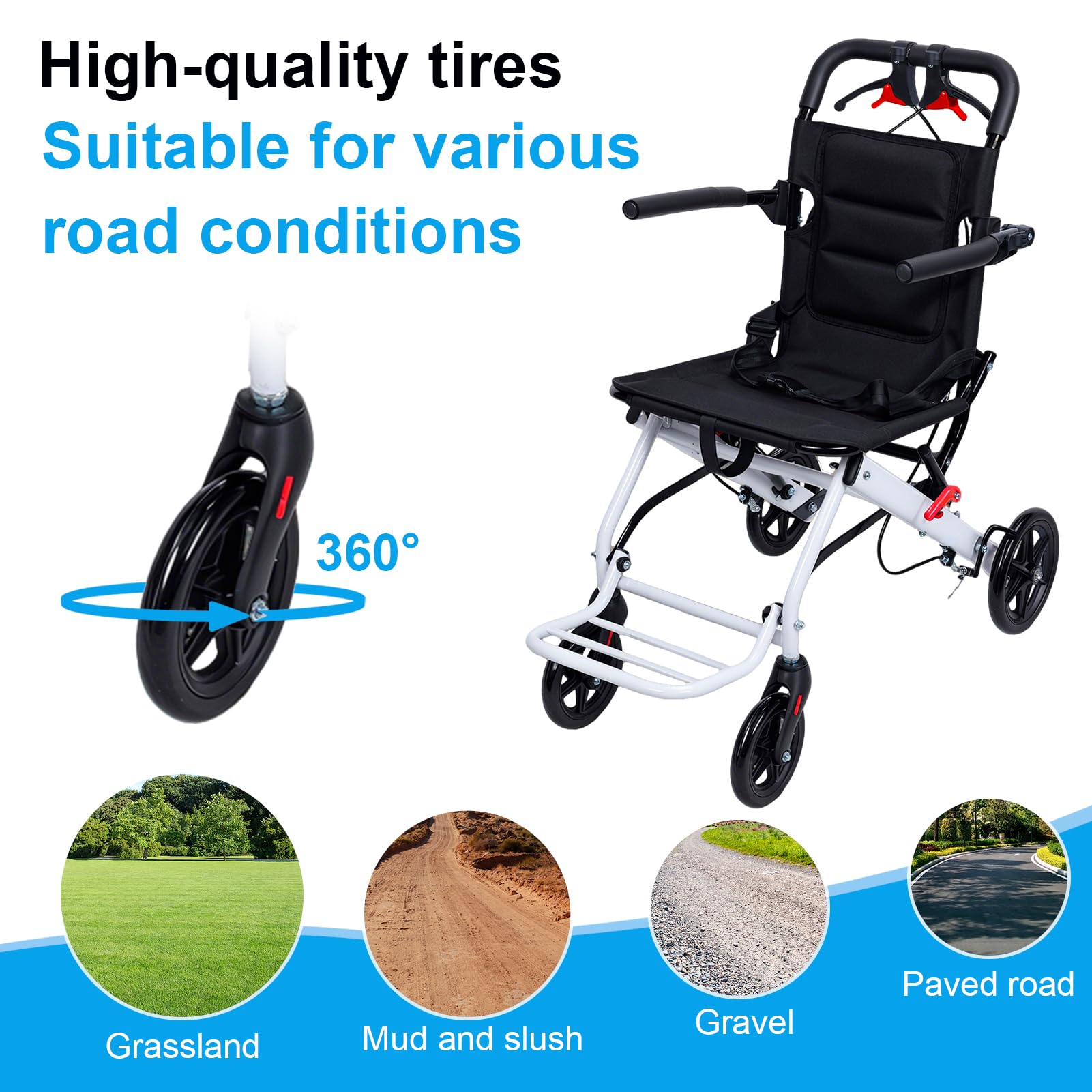 Silla de ruedas de transporte ligera y plegable para adultos mayores de 18 libras, sillas de ruedas de transporte compactas con correa de seguridad ajustable, marco de acero al carbono, soporta 200