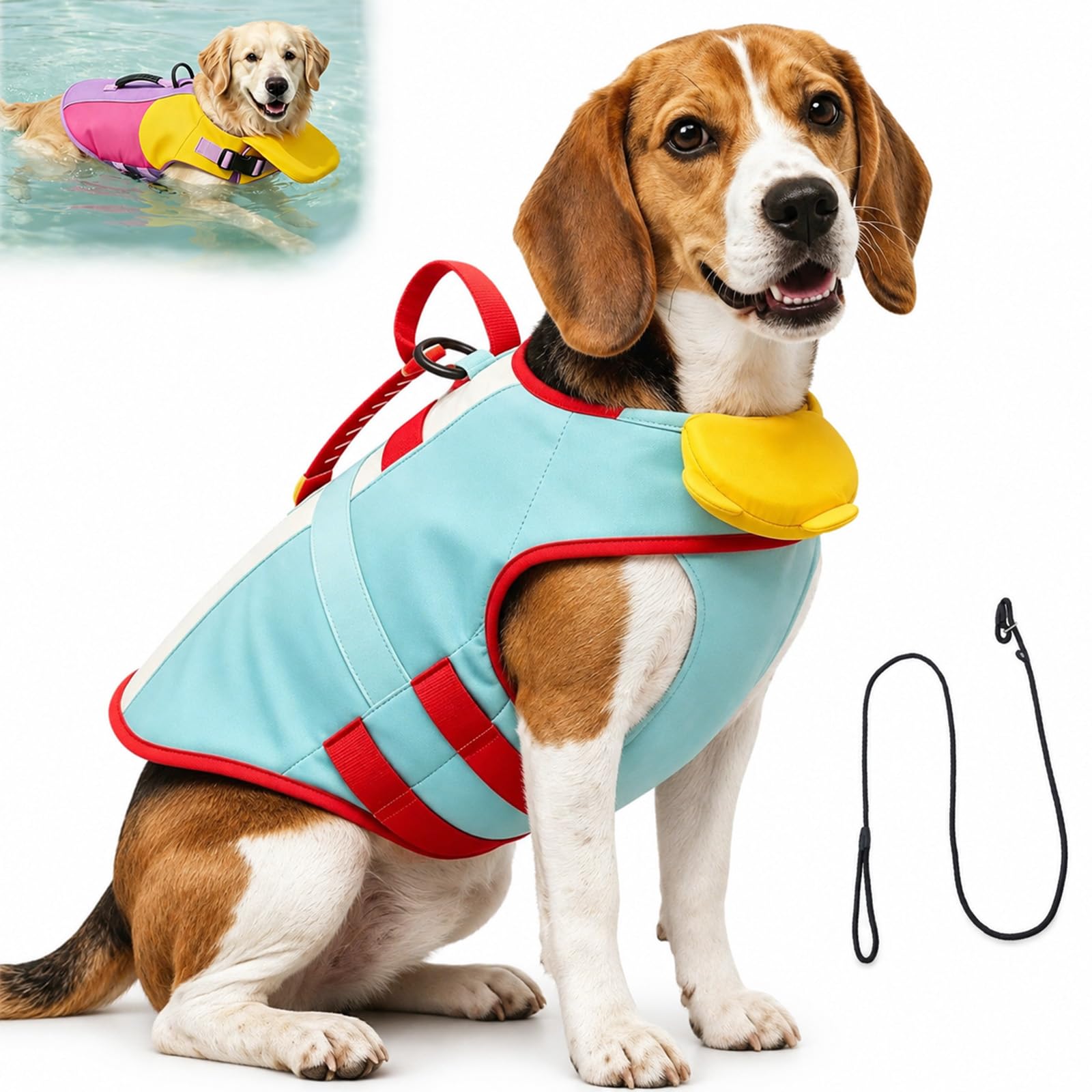 Doggy Life Jacket with Chin Rest, Adjustable Puppy Life Jacket with Chin Float, Rescue Handle, Leash D-Ring and Quick-Release, Full Size for Buckles Pool and Beach Use (Yellow Bear,M)
