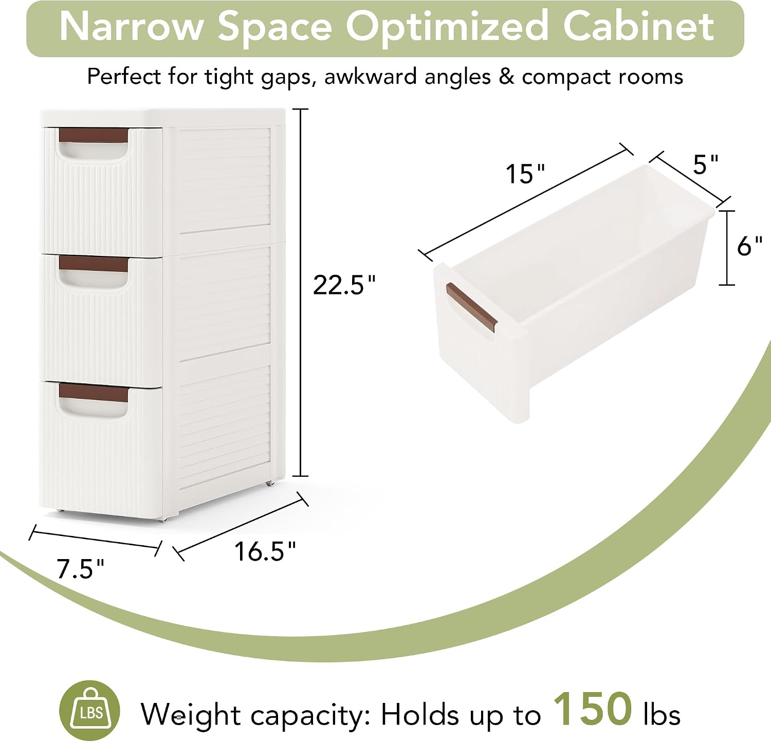 3 Drawers Narrow Bathroom Storage Cabinet, Slim Storage Cabinet, Plastic Slim Storage Cart Drawers for Small Spaces, Laundry, Office, Home, White image 2