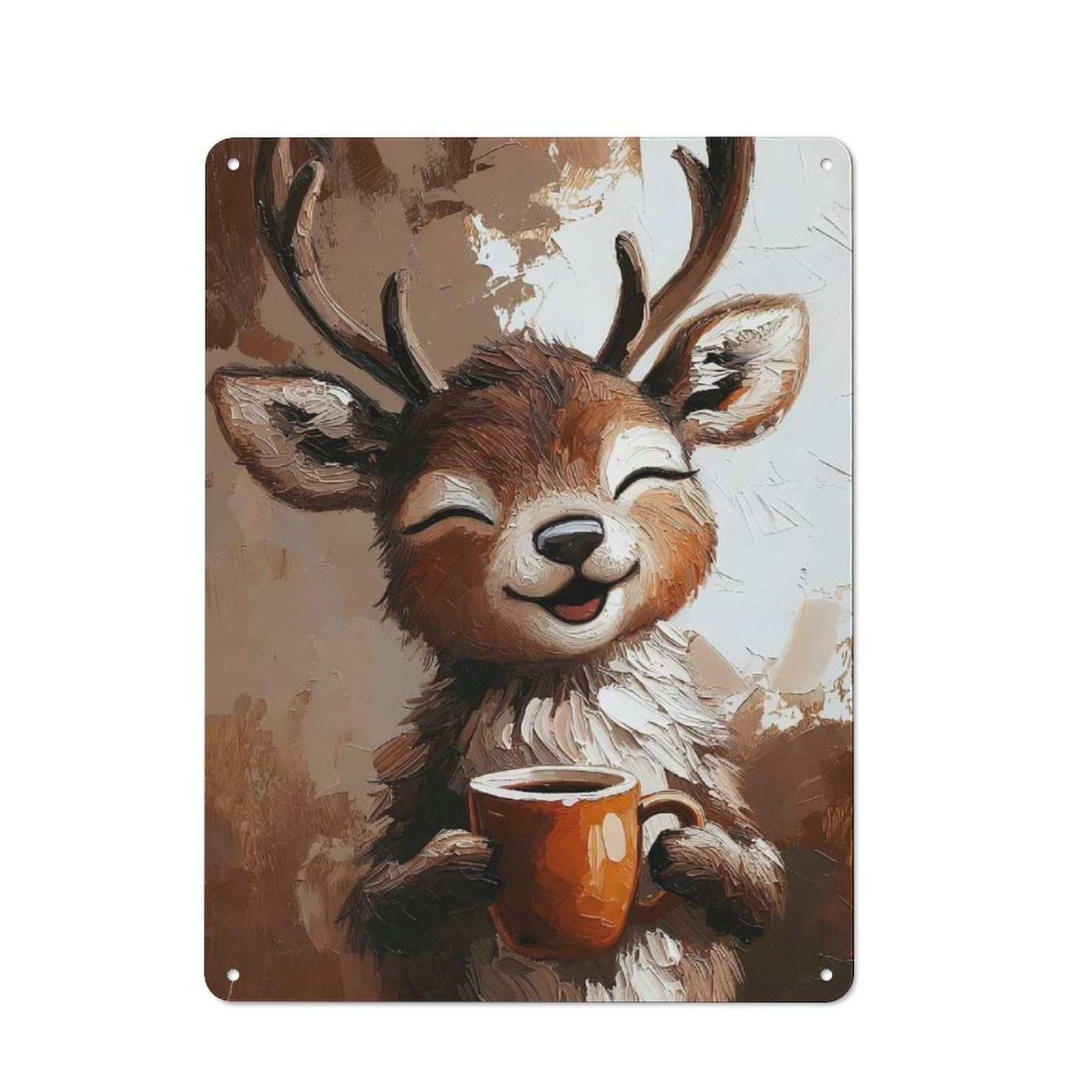 40x30cm Rustic Tin Sign with Deer Holding A Coffee Mug for Studio Or Craft Room, Tin Sign Wall Decor for Studios And Craft Rooms
