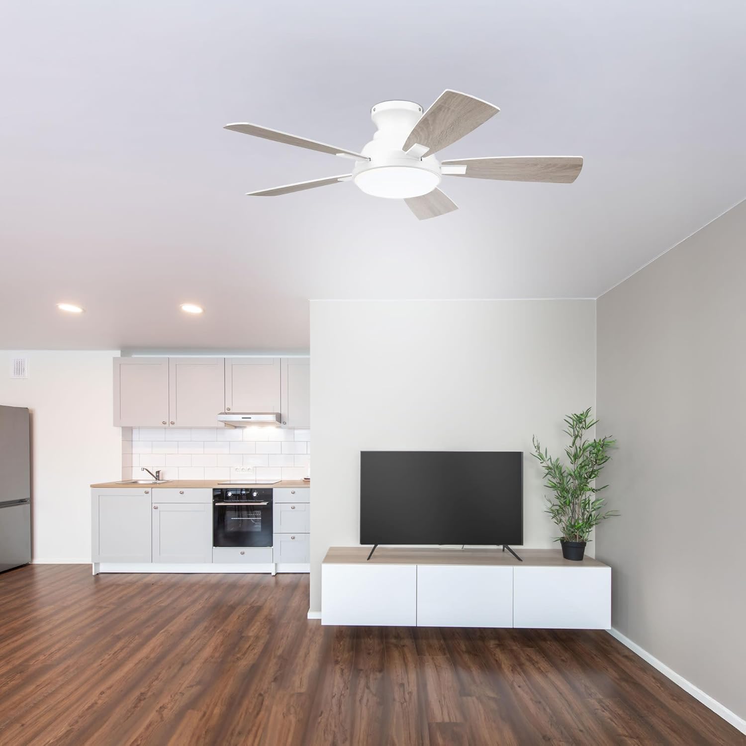 Fresh White 44 Inch Low Profile 5 Blade Indoor Ceiling Fan, Ideal for Bedrooms and Living Rooms, Quiet DC Motor, LED Light with Remote