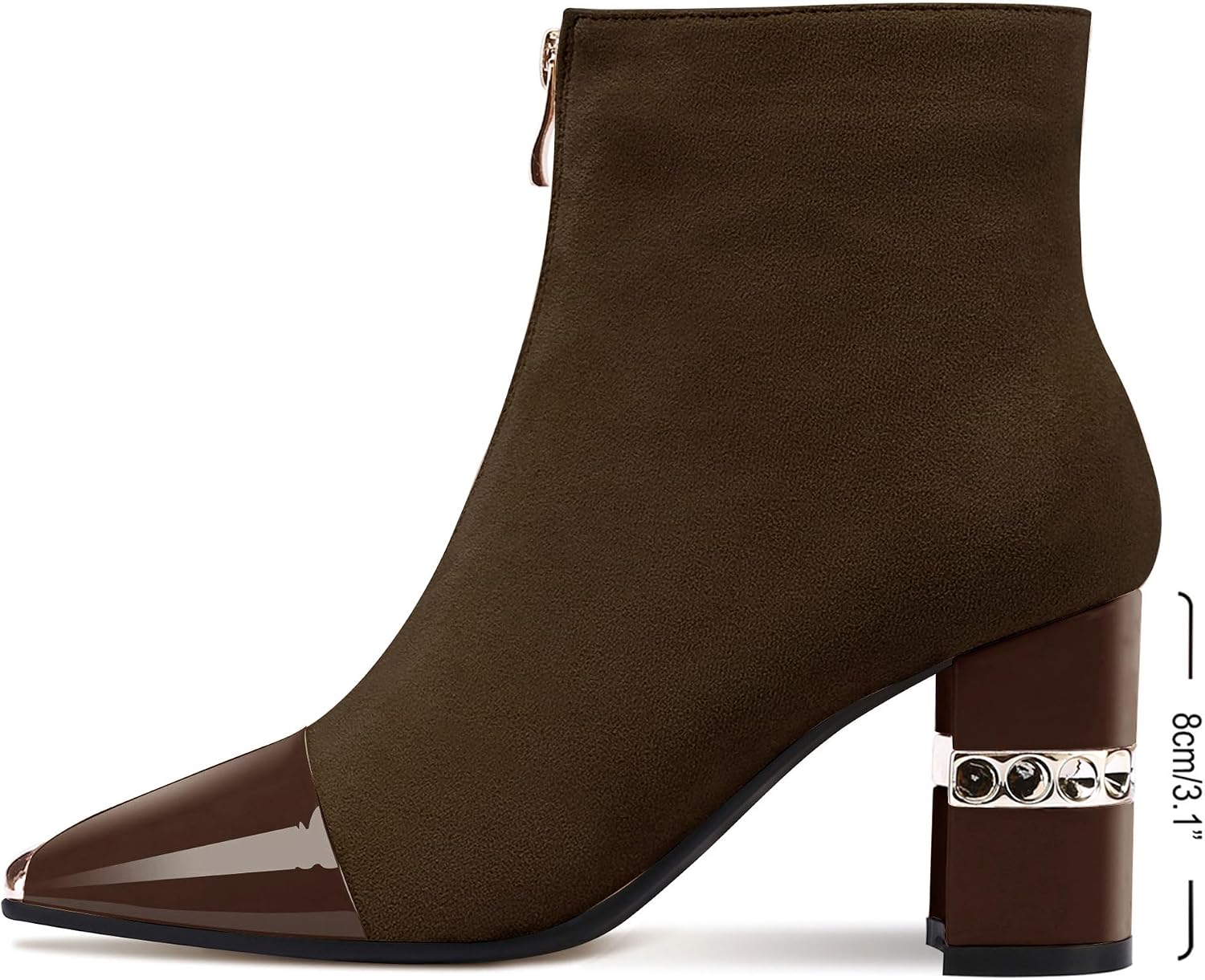 XINIUNIU Women's Ankle Boots Block Chunky Heels Booties Metal Square Toe Suede Front Zipper 3 Inch Short Boot Dress