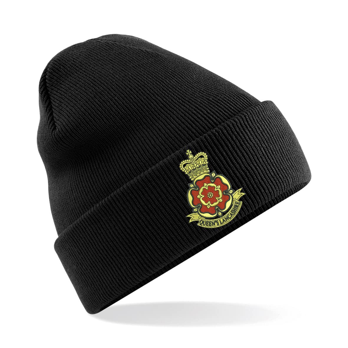 Psave Men's Nero Queen's Lancashire Regit Insignia Premium Embroidered Beanie Hat, Bob Hat British Army Military (Black)