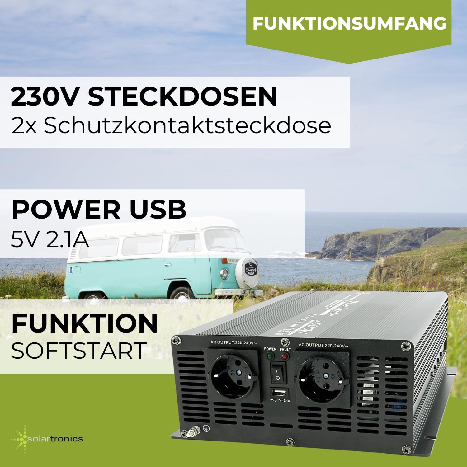 SOLARTRONICS Transformador de tensión NM2500 12 V 2500 W Negro – 5000 W de Potencia máxima – inversor de 12 V a 230 V – Batería de Plomo o AGM Compatible – con Conector Schuko y USB