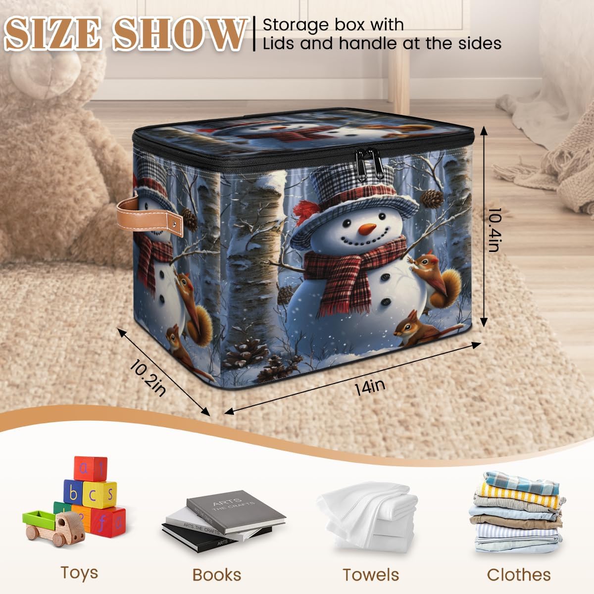 Storage Bin Set of 2 Squirrel Winter Snowman Storage Basket with Zipper Lid & Handle Foldable Closet Shelf 2 Pack Cloth Organizer Basket Cube Bins for Bedroom, Nursery