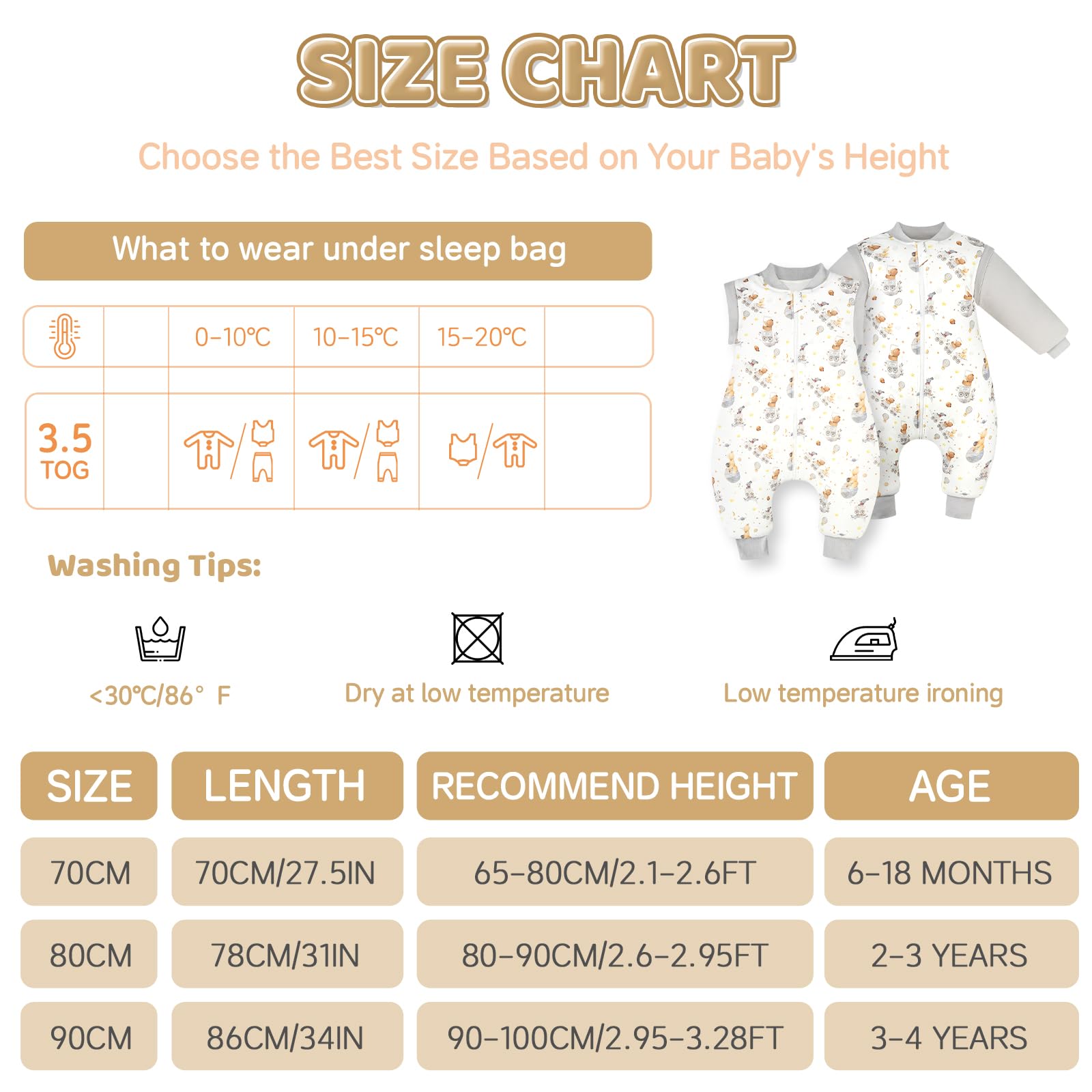 WYTbaby Babyslaapzak met voeten, winter, 3,5 TOG, warm, lange mouwen