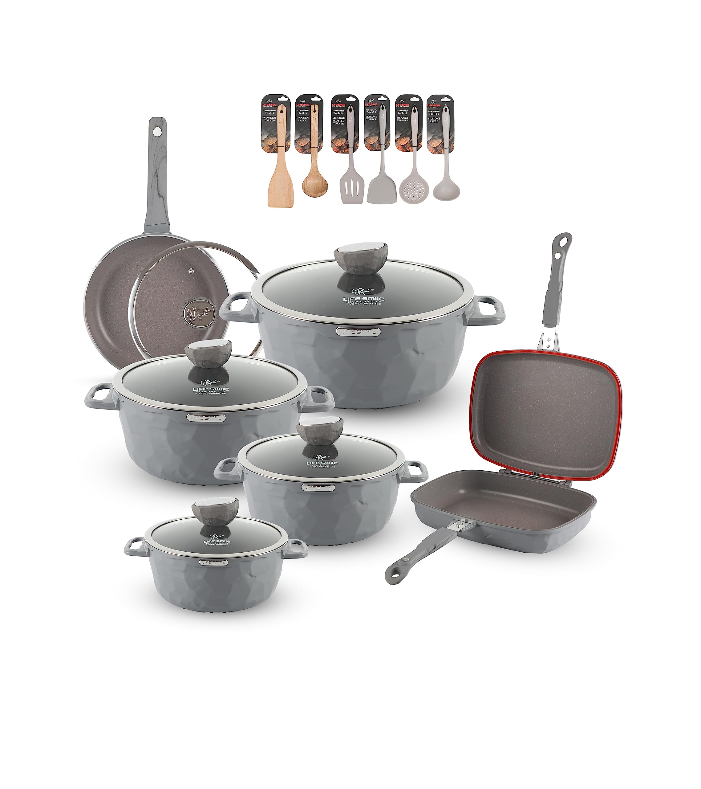 Cookware Set 18 pieces - LIFE SMILE Induction Pot and Pan set-Granite Non Stick Coating , Die Cast aluminum Body include Casseroles & Fry Pan & Double Grill Pan & Kitchen Utensils (Smokey Grey)