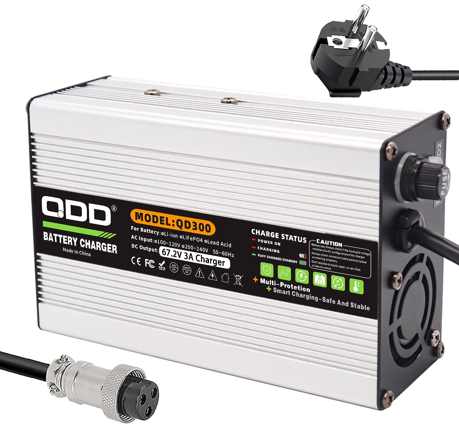 QDD 67,2 V 3 A Caricatore 60 V Batteria Li-ion Smart Caricabatterie Argento Alluminio Utilizzato per 16S 60 V Batteria Li-ion Uscita DC-GX16 1 + 3 Spina