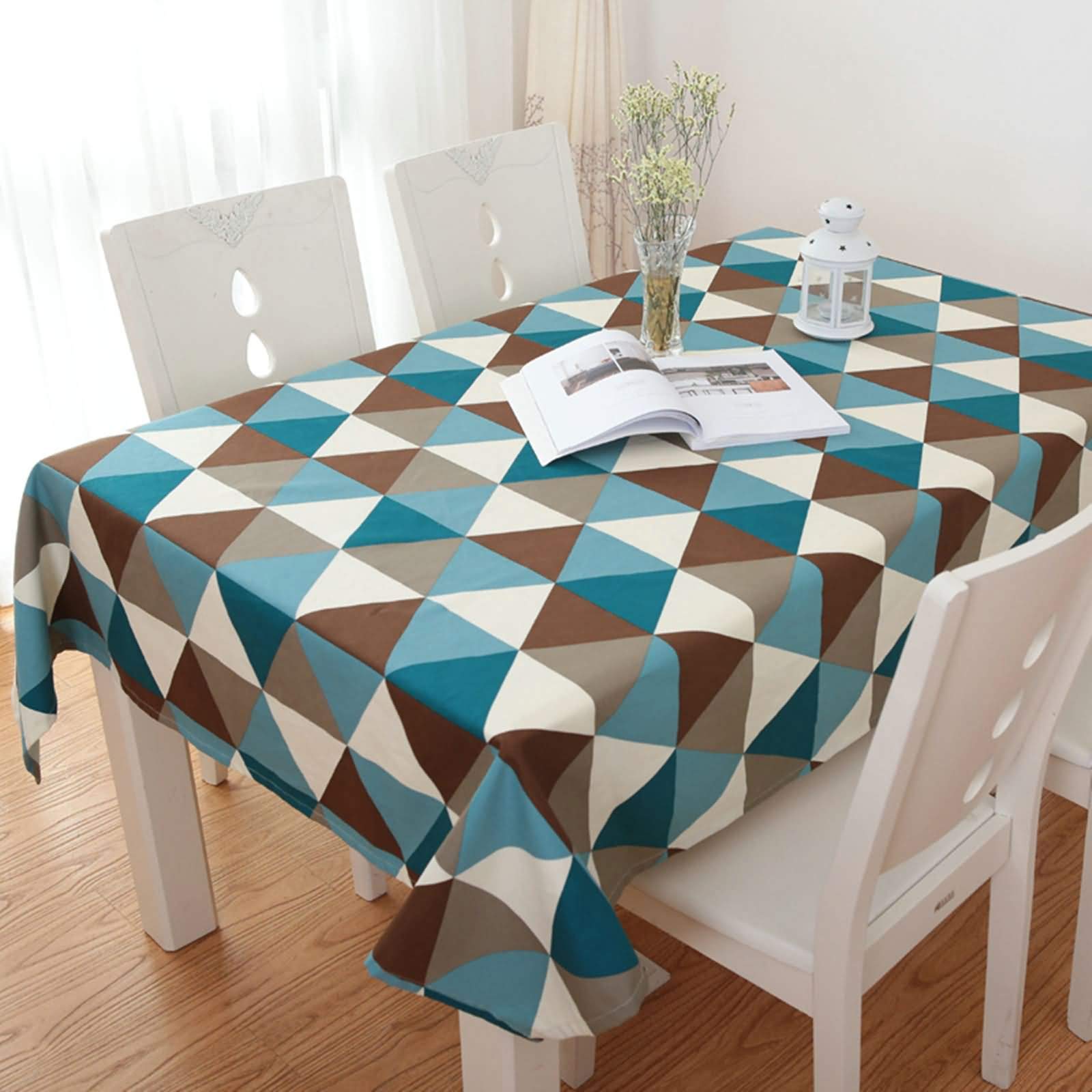 Copritavolo Rettangolare Cucina Blu, Motivo a Triangolo, in Cotone Lavabile, 130 x 180 cm, per Casa