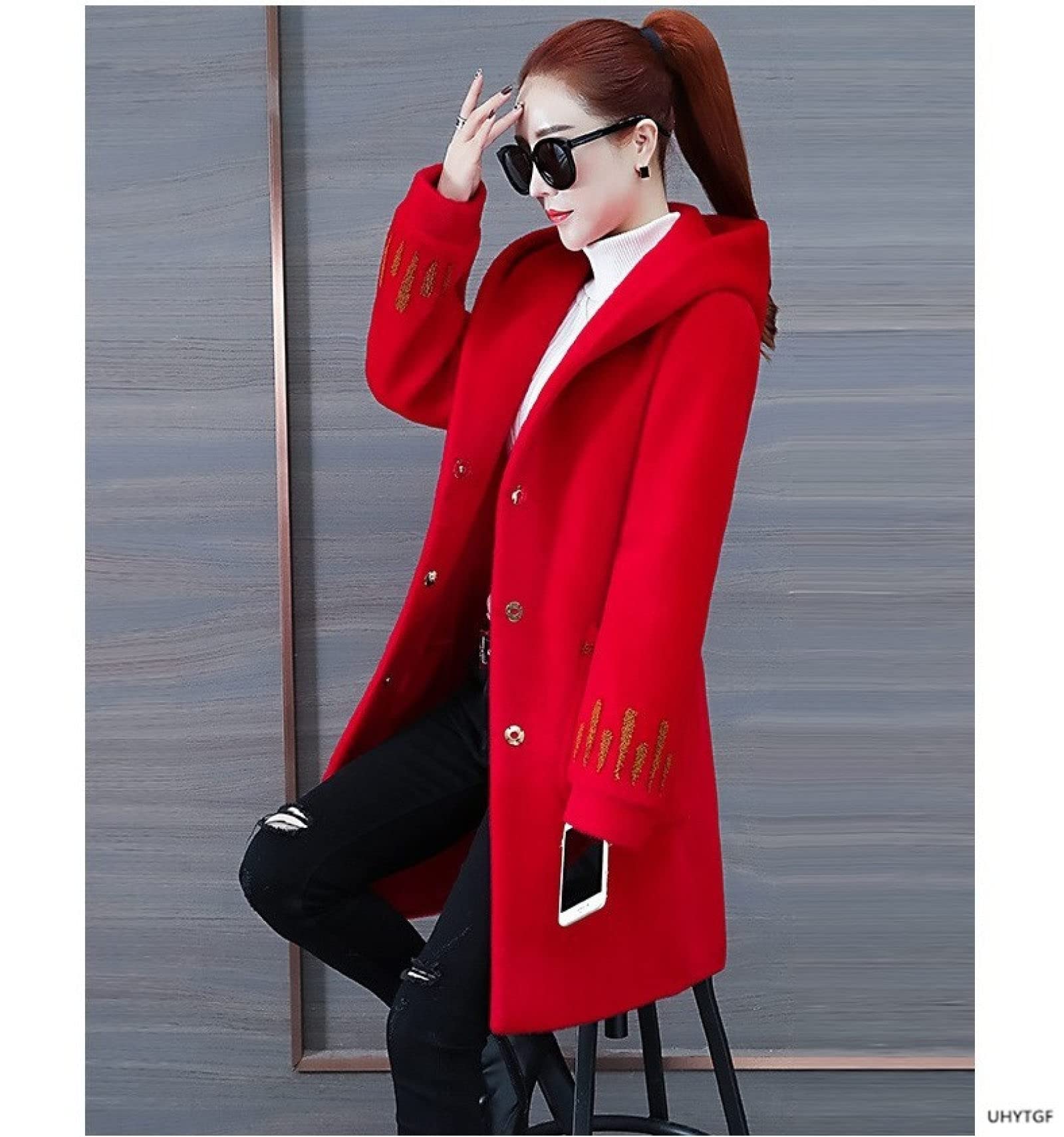 Winter Coat Single-Breasted Women's - Red Hooded ​Cashmere Mid