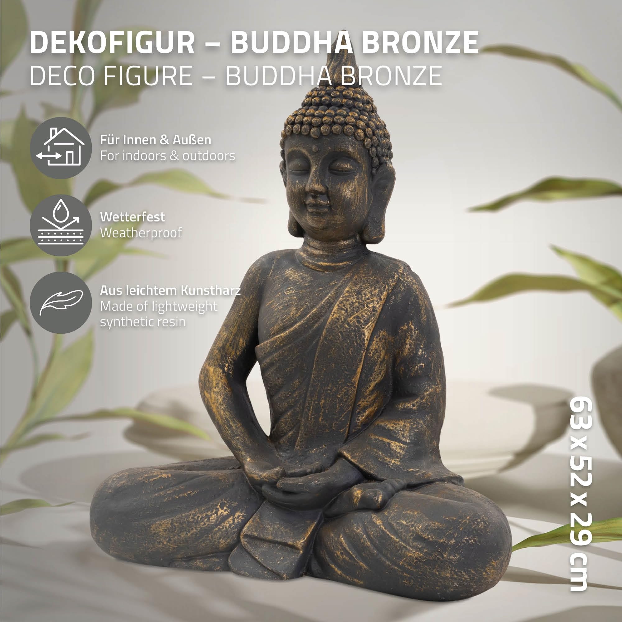 ECD Germany Figura Buddha Seduto 63 cm Poliresina Resistente Intemperie Bronzo Feng Shui Statua Zen Decorazione Giardino