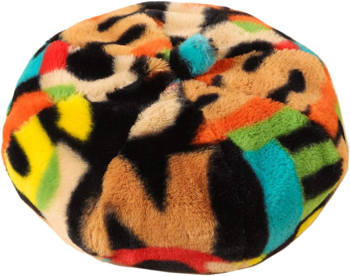 Newfancy Women Colorful Letter Print Faux Fur Beret Hats Artist Painter Hats Fuzzy Fluffy Warm French Winter Beanie Cap