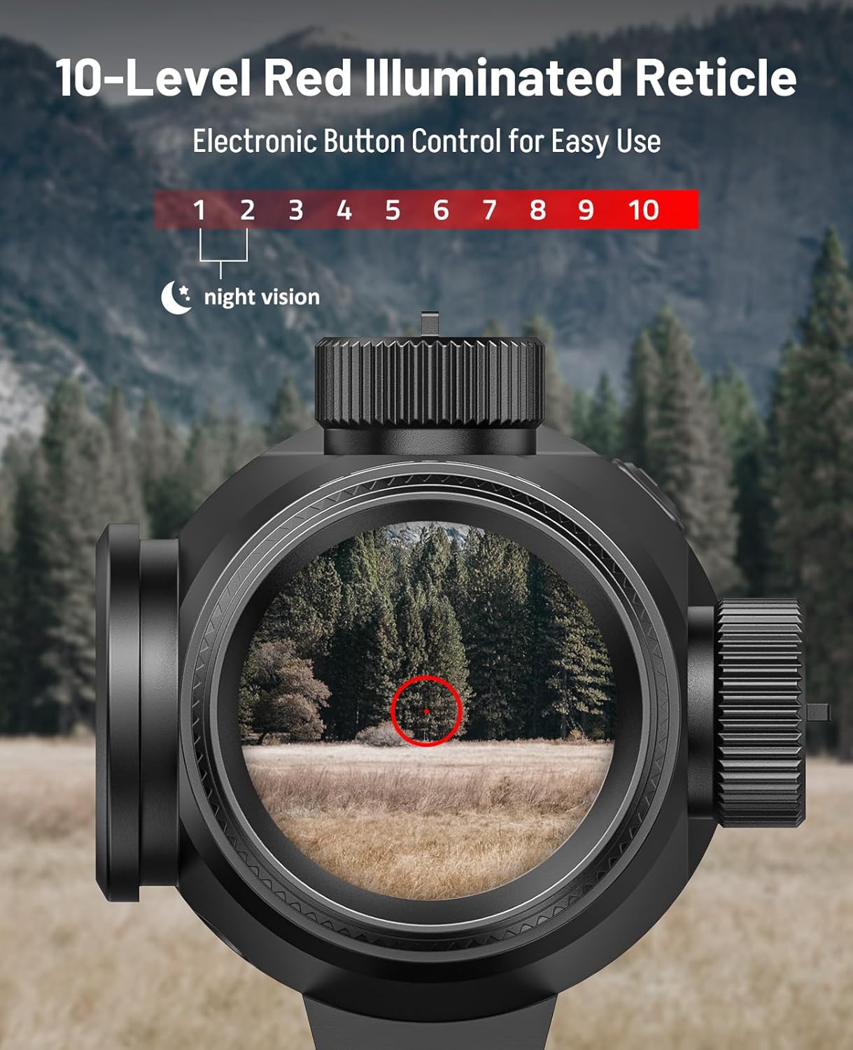 MidTen 1x20 Compact Prism Scope - Motion Activated Etched Reticle Rifle Scopes - 10 Brightness Levels Red Illuminated Circle Dot Reticle - Button Control Optic for Hunting