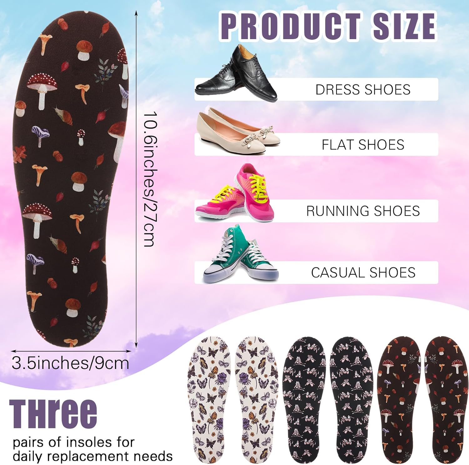 3 Pairs No Show Socks Sockless Shoe Liner Washable Barefoot Shoe Insoles No Slipping Inserts(Lively Style) - Image 2