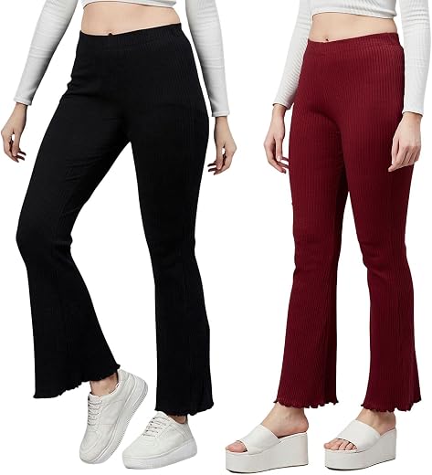 BLINKIN Women's Stretch Fit Mid Rise Ribbed Stretchable Flared Pants | Boot Cut Bell Bottom Pants - Ideal for Yoga &amp; Gym W...