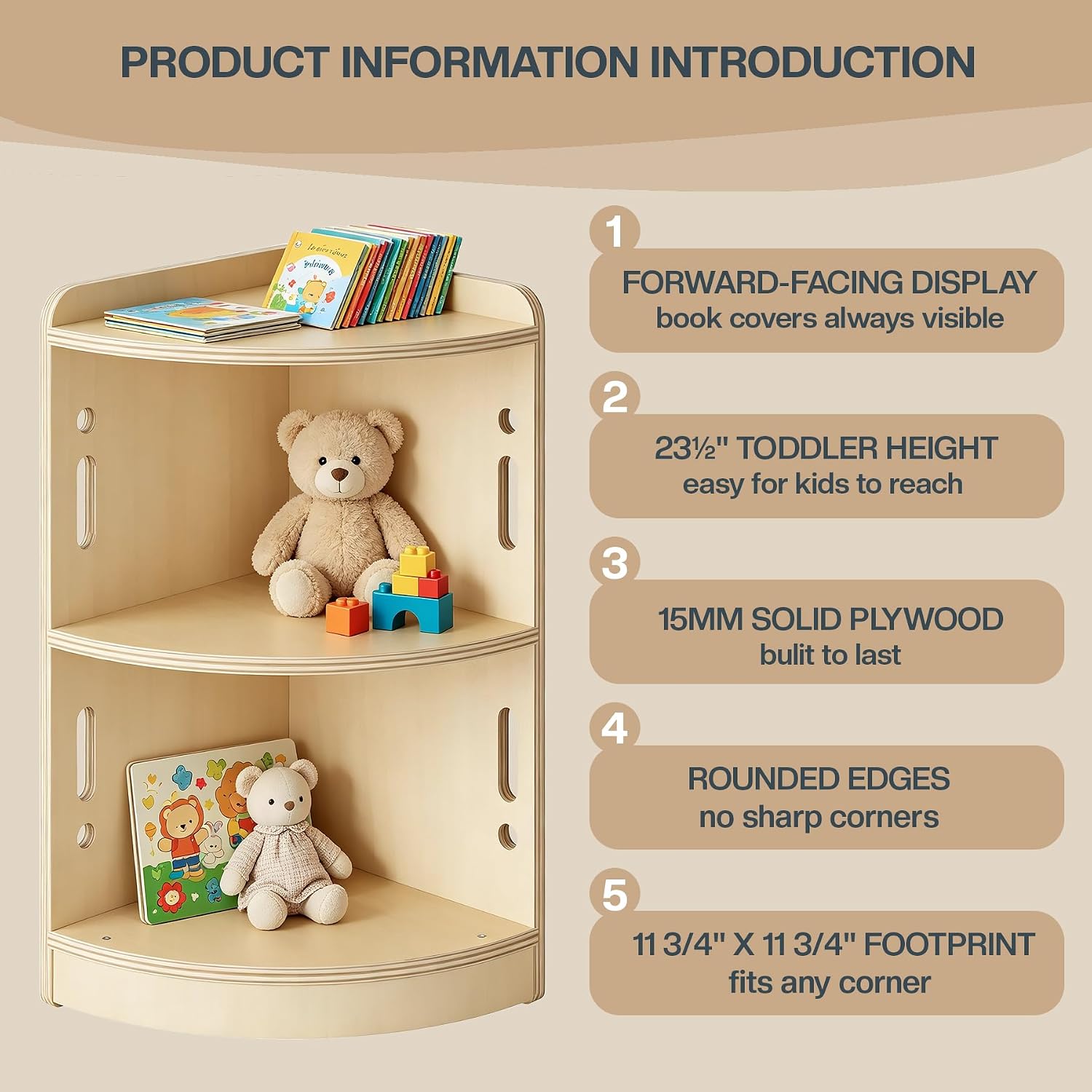 AMBIRD Wood Corner Cabinet, Kids Bookshelf, 3-Tier Forward-Facing Book Display for Toddlers — Low Montessori Shelf for Independent Reading, Toy Rotation & Playroom Organization