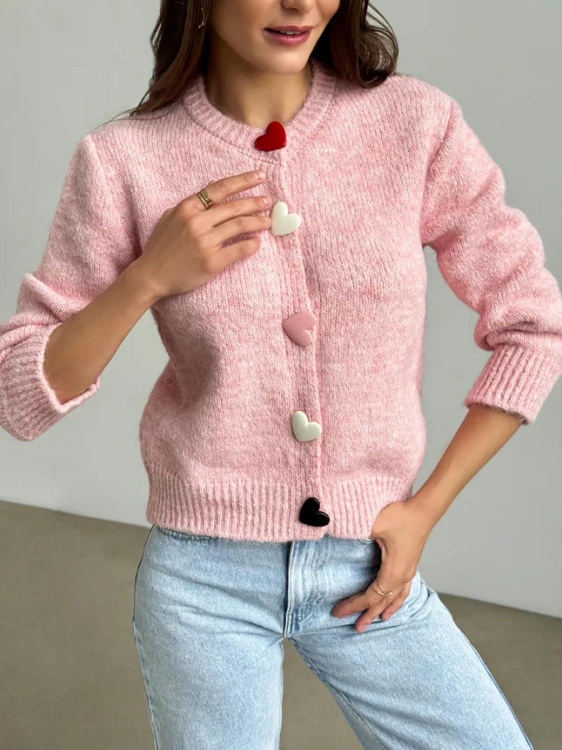 CHARTOU Women's Heart Buttons Knit Cardigan Short Cute Crewneck Knit Sweater Fall Long Sleeve Top