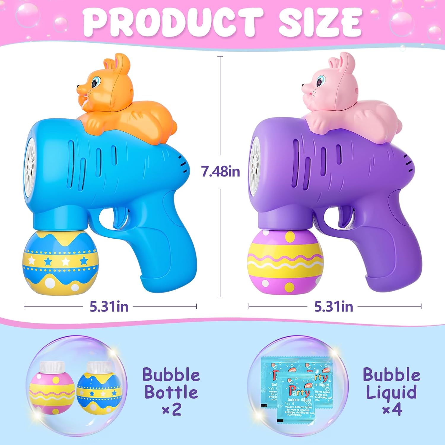 2 Pack Easter Bubble Gun Machine for Toddlers, Easter Basket Stuffers for Kids Boys Girls, Automatic Light Up Bubble Blower with 4 Bottles Refill Solution, Bunny Bubble Maker Toys for Party Favor