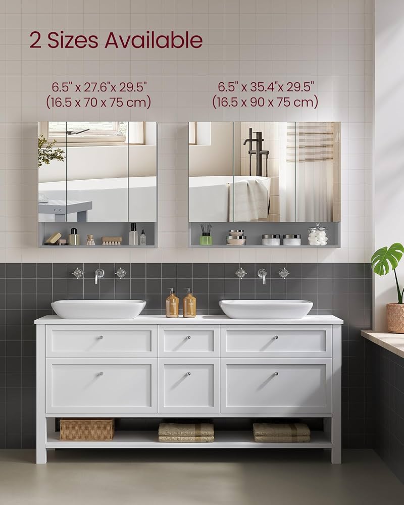 VASAGLE Mirror Cabinet Bathroom Cabinet Storage Cabinet With 3 Doors Bathroom 15 X 90 X 60 Cm With Adjustable Shelves Modern White BBK032W01