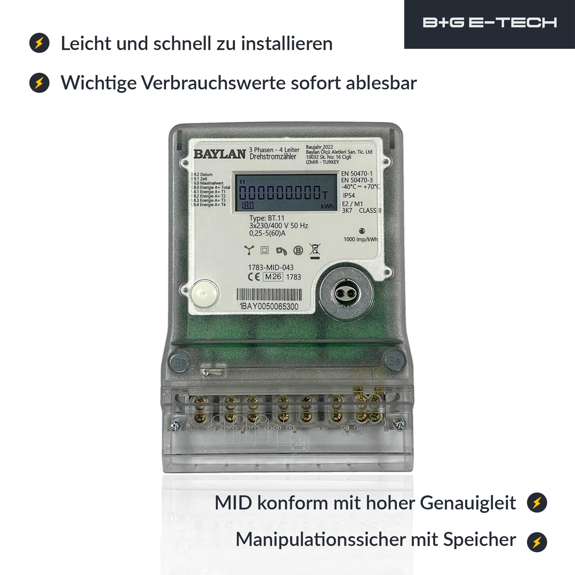 B+G E-Tech [BT.11 - MID 26] Drehstromzähler für Zählerplatzmontage - MID zertifiziert, Direktmessung bis 60A, Einzeltarifzähler mit interner Uhr, IR & RS485 Schnittstelle