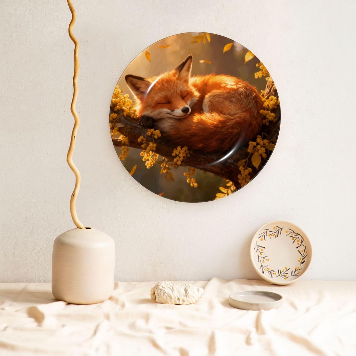 The Fox Sleeps Style Ceramic Plate Display Decorative Plate With Stand Wall Hanging Plate For Home Decor 10 Inch