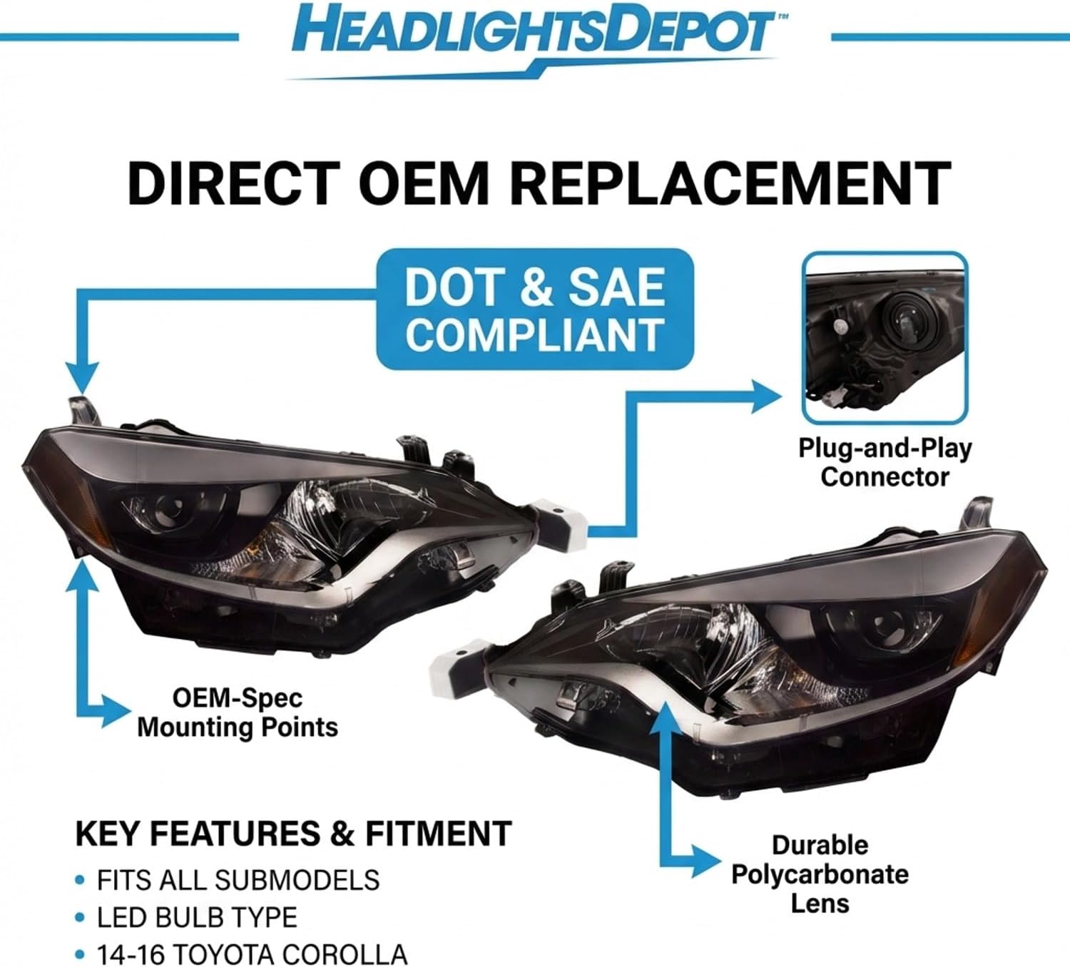PERDE Chrome Housing LED w/Performance Lens Headlights Compatible with Toyota Corolla 2014-2016 Includes Left Driver and Right Passenger Side Headlamps