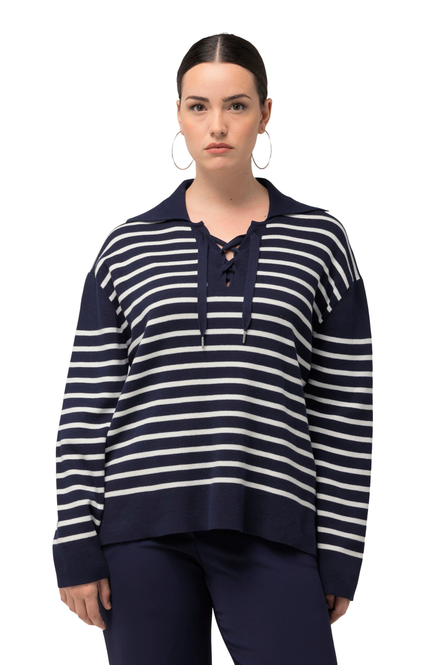 Ulla Popken Damen große Größen Übergrößen Plus Size Pullover, Ringel, Matrosenkragen, Schnürung, Langarm 825551