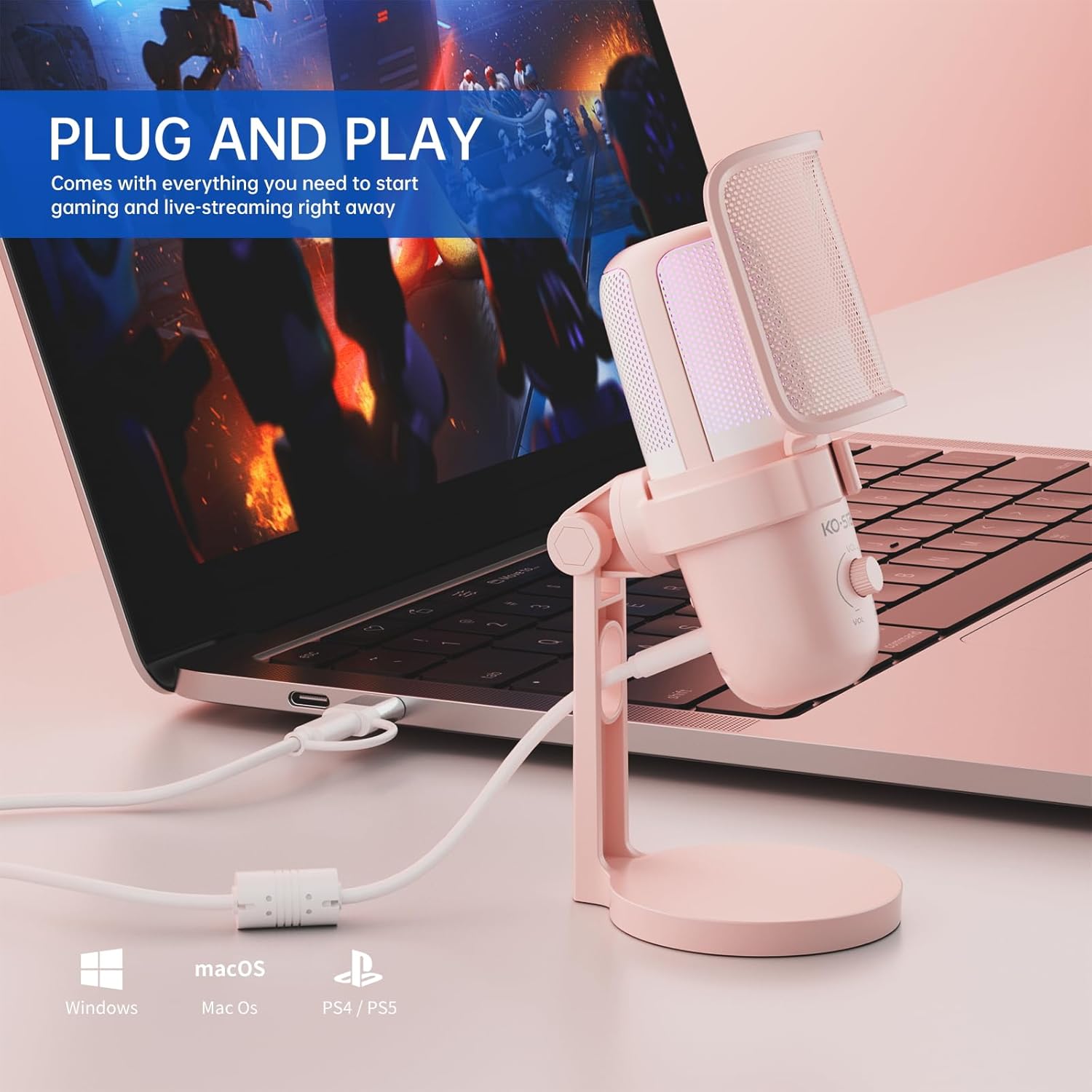 USB Microphone for PC,Computer Gaming Mic for PS4/ PS5/ Mac,Condenser Mic with Quick Mute,RGB Light,Pop Filter,Pick Up Sound from All Direction,Shock Mount for Recording (Salmon Pink)