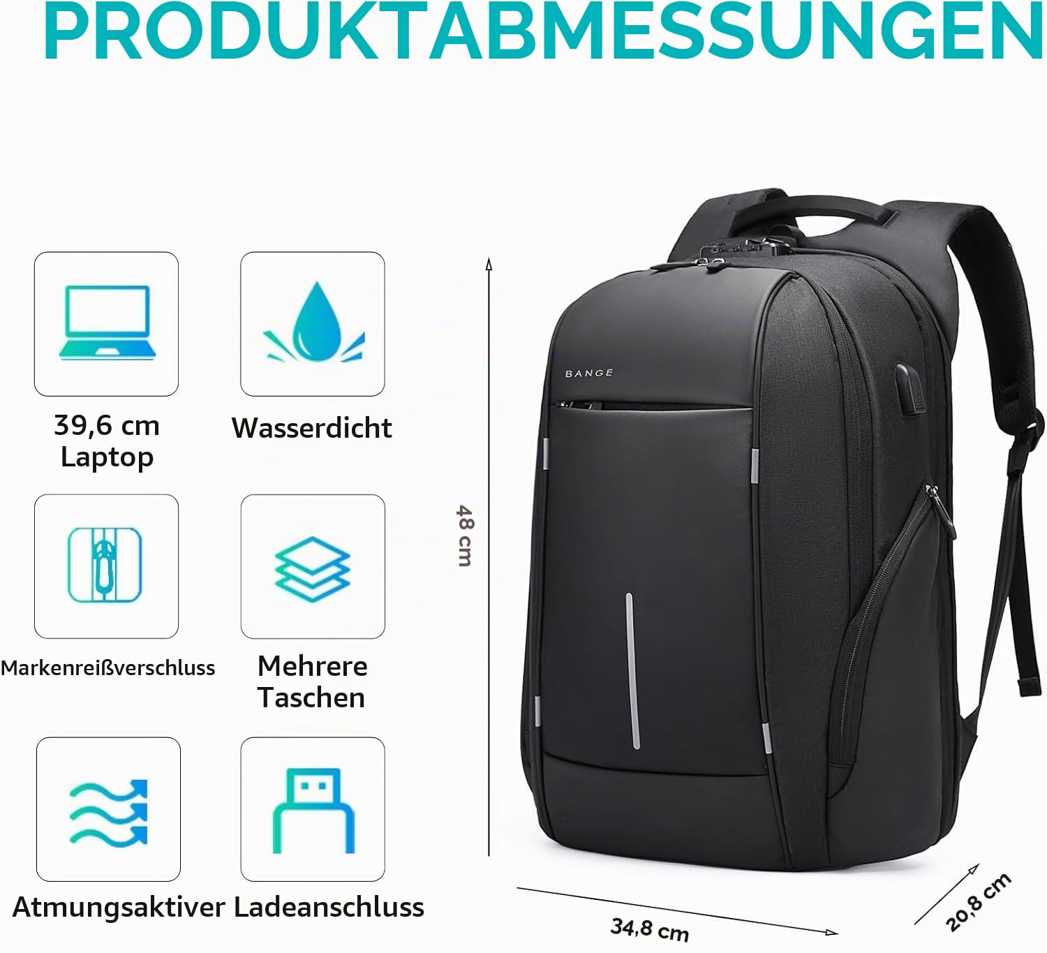 BANGE Anti-Diebstahl Laptop Rucksack, Schwarz | Anti-Diebstahl Schnalle, Reißverschluss Tasche, Für Männer und Frauen，15,6-Zoll-Laptop-Fach