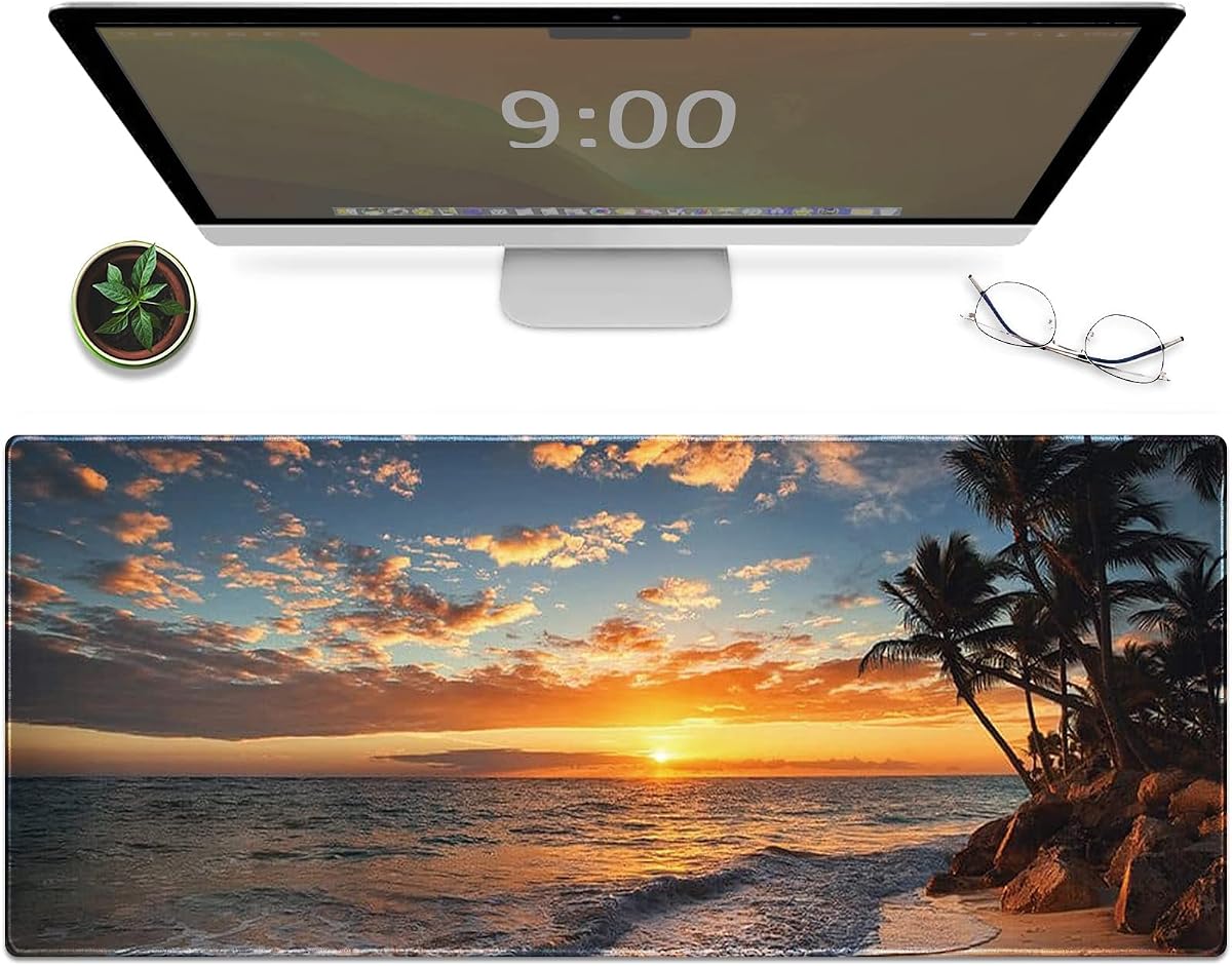 Galdas Alfombrilla de ratón para juegos XXL XL grande alfombrilla de ratón larga extendida alfombrilla de escritorio antideslizante de goma para ratones con bordes cosidos, almohadilla fina (31,5 x 11,8 x 0,12 pulgadas) - Sunset Beach