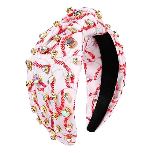 mokkia Diadema de béisbol con diamantes de imitación anudada para mujer, diadema estampada con nudo superior ancho, diadema adornada con joyas