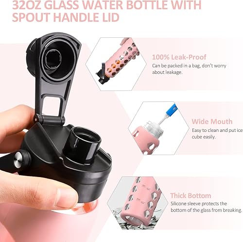 Miniatura 6 de MUKOKO Botellas de agua de vidrio de 32 onzas con 2 tapas, tapa de boquilla con asa y tapa de popote de bambú, vaso de agua motivacional con