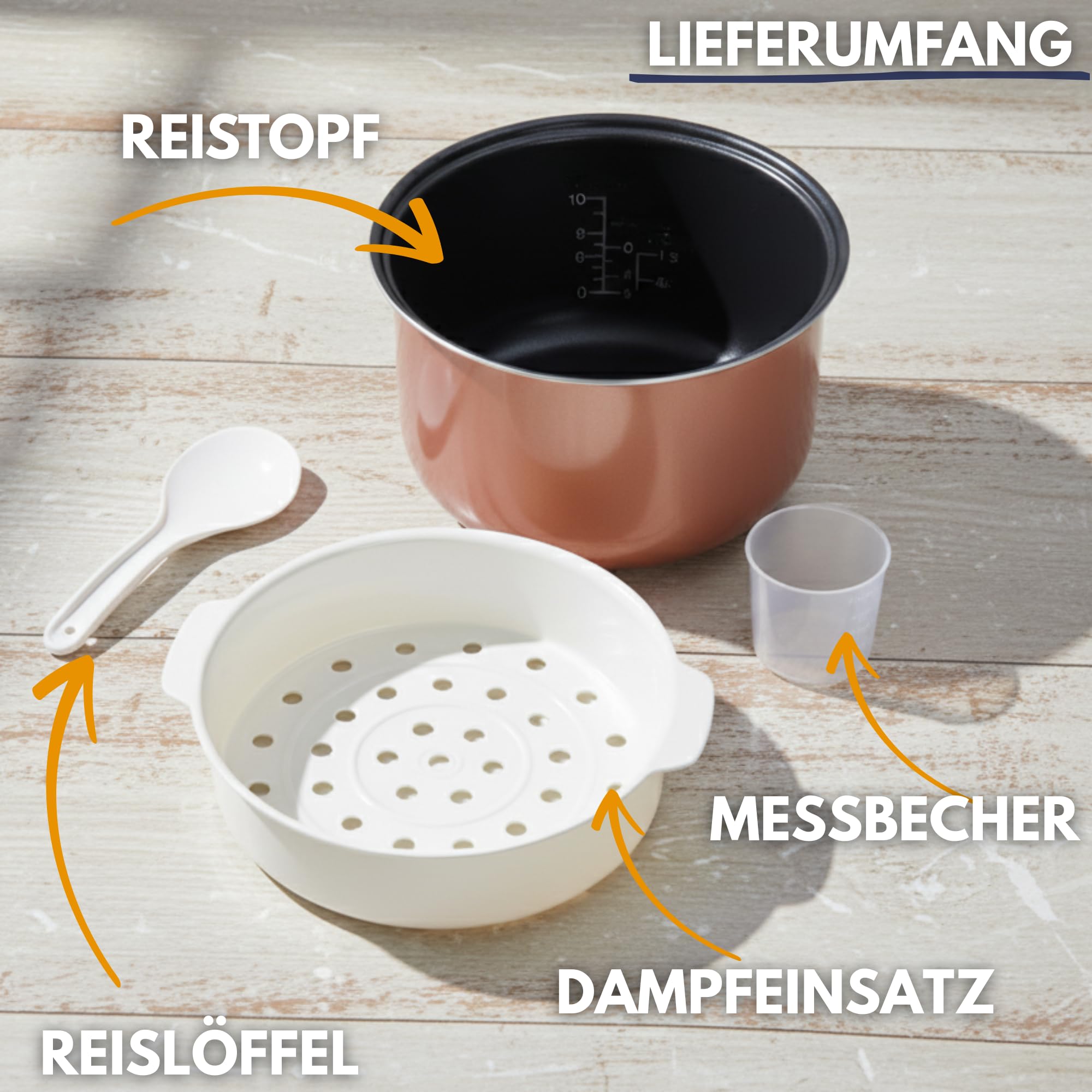 Sommertal Reiskocher 5 Liter XXL für 1 bis 15 Personen | 790W | Multikocher mit Touch, 3D Heizsystem, Warmhaltefunktion, abnehmbarem 105 cm Kabel | Dampfgarer mit Dämpfeinsatz & Zubehör | RK50