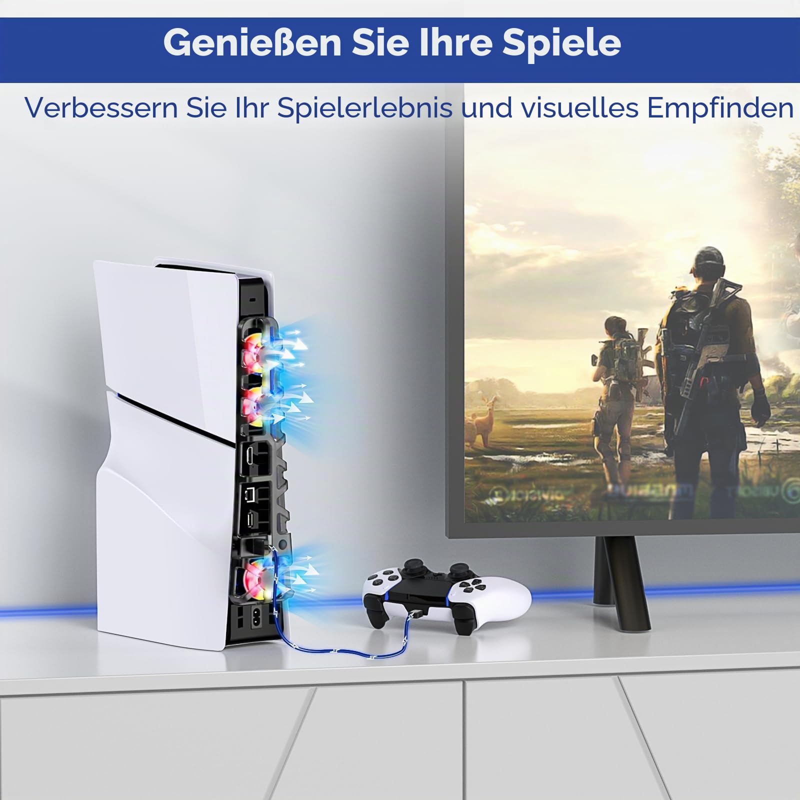 FASTSNAIL LED Lüfter für PS5 Slim Konsole, Leiser Kühler mit Speicherfunktion, Zubehör mit 3 Lüftern & USB 3.0 Port kompatibel mit Playstation5 Slim Digital & Discs Edition（Farbe LED）