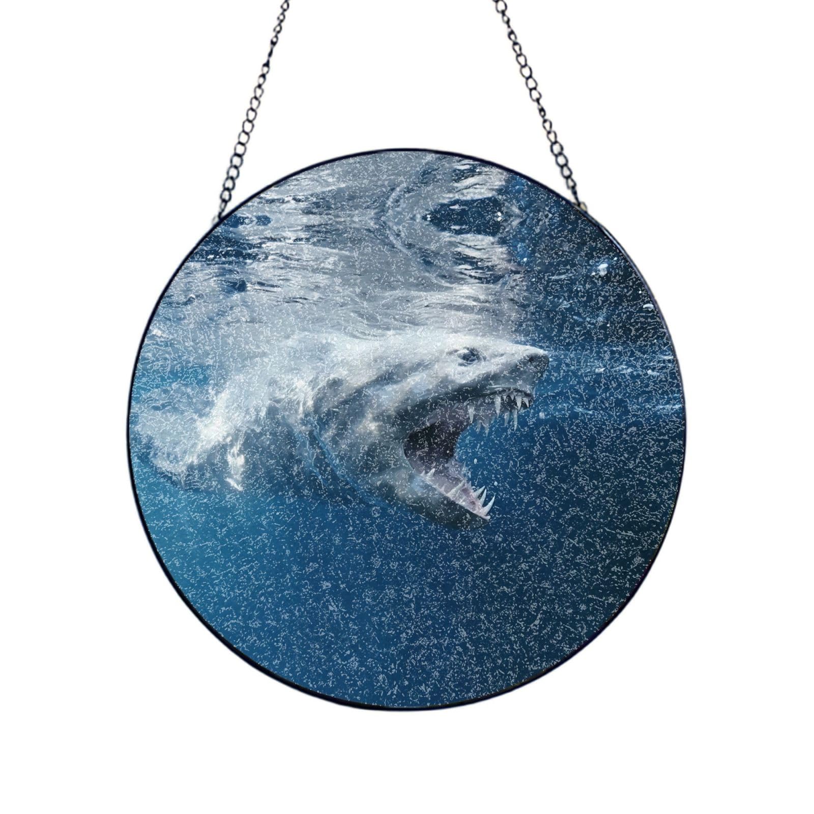 Phayah Ocean Shark Print Stained Glass Window Hanging Suncatcher For Door Terrace Garden Home Decor Sun Catcher Birthday Gifts For Lovers Dad Mom 10in（25cm）