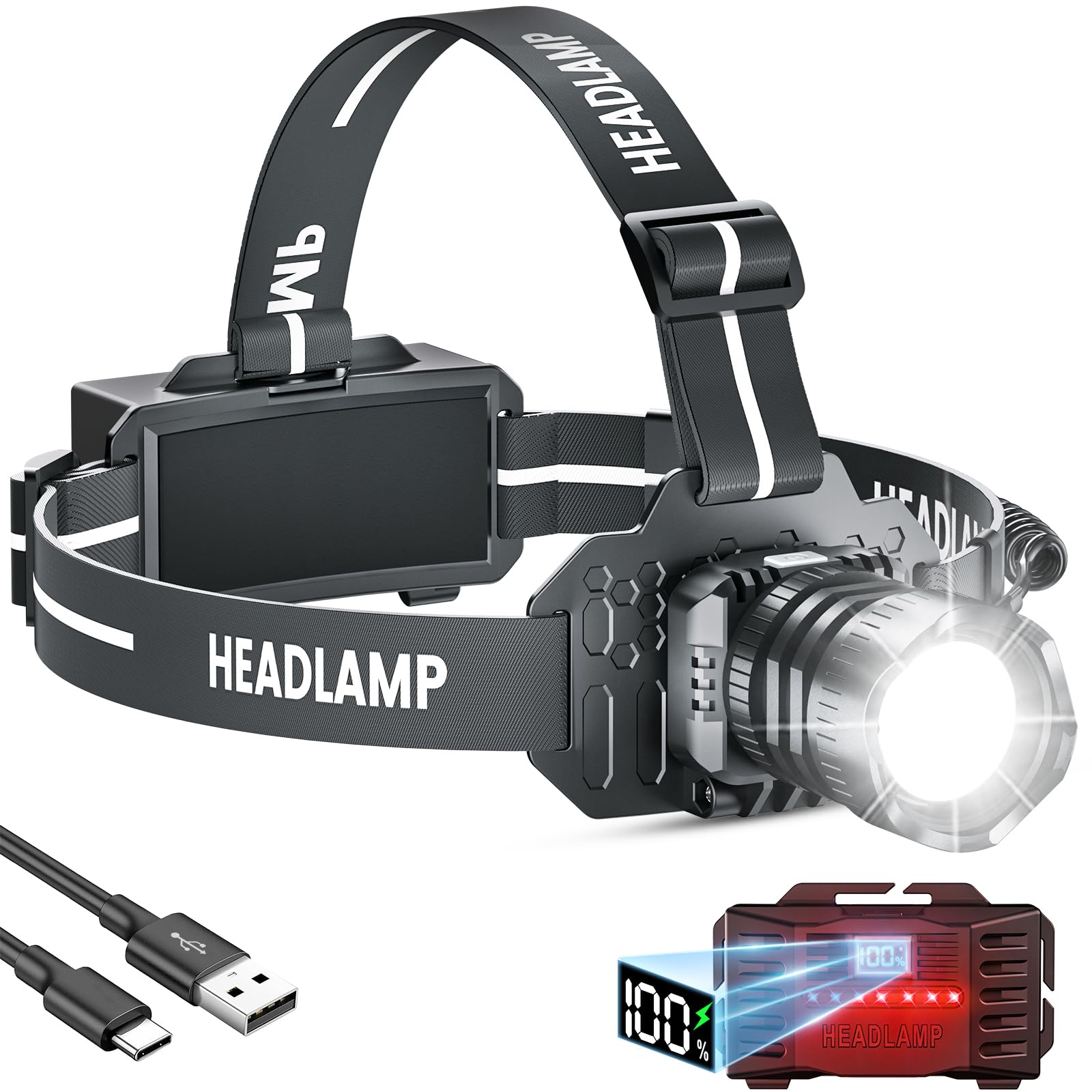 LED Rechargeable Headlamp, 2980LM Head Lamp Super Bright with 9 Modes & IPX6 Waterproof Zoomable Head Lights for Forehead, 90° Adjustable Headlamps for Camping Hiking Hunting Fishing Car Repair