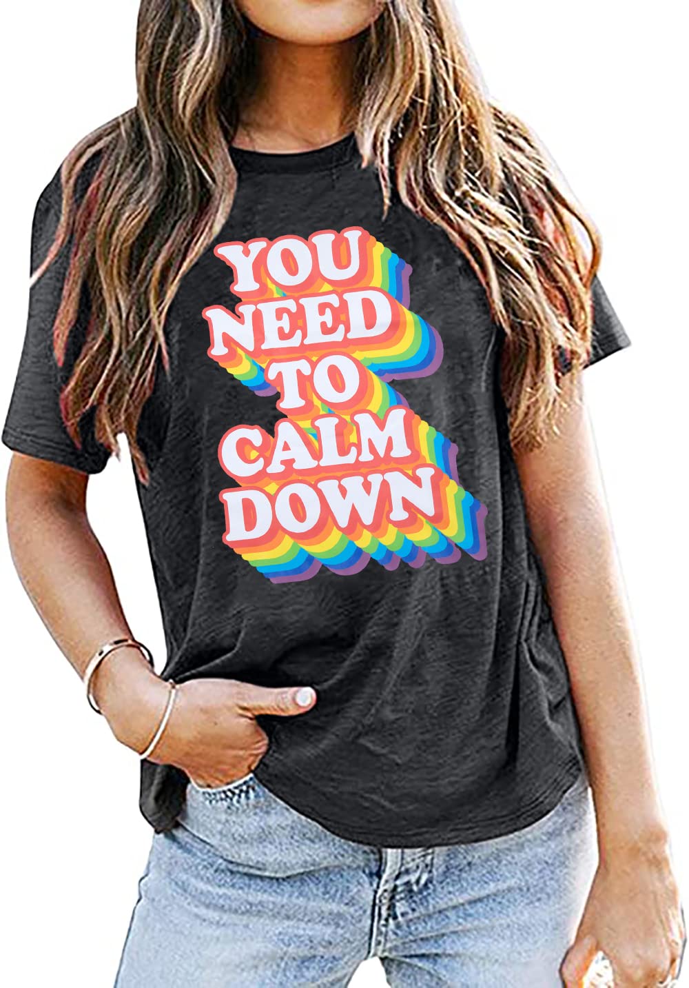 FAYALEQLGBTQ Pride Shirt for Women You Need to Calm Down T-Shirt Gay Pride Shirts Ally Shirt Rainbow Tshirt Letter Print Tee