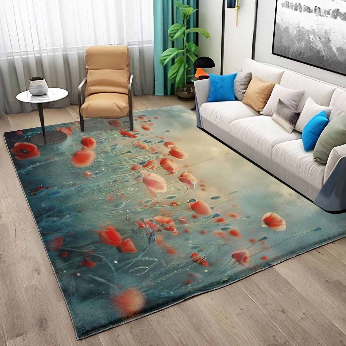 Tapis Salon imprimé Vert Sauge 160 x 230 cm, Tapis Chambre d'enfants Lavable - Coureur Chambre Floral thème Fleur de Pavot Plante Vert Sauge pour Salle à Manger Bureau Coureur antidérapant