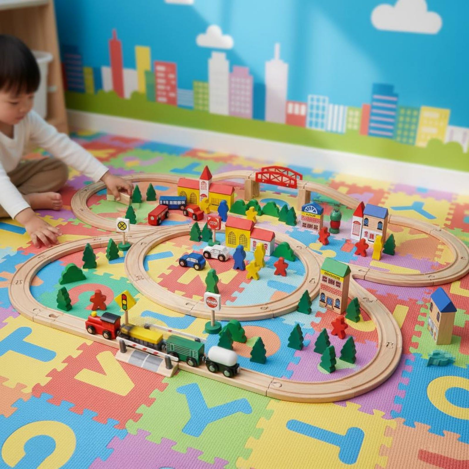Educational Blocks Binari Ferroviari di Legno con Veicoli Edifici Metropolitani Figure Scenari di Costruzione Realizzato in Legno Favorisce La