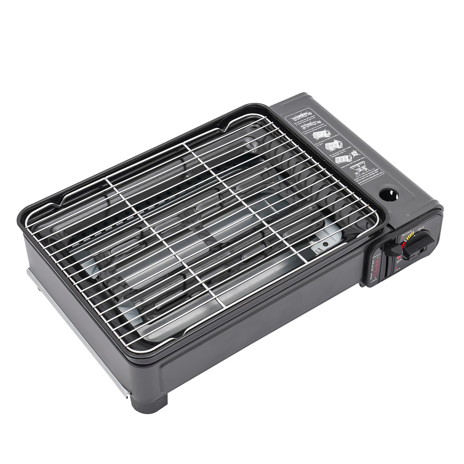 Barbacoa de gas compacta de doble fuel para butano y LPG, color negro | 41,5 x 28 x 11 cm, con parrilla, parrilla, 6 brochetas, bandeja de grasa, pinzas, cepillo y maletín de transporte