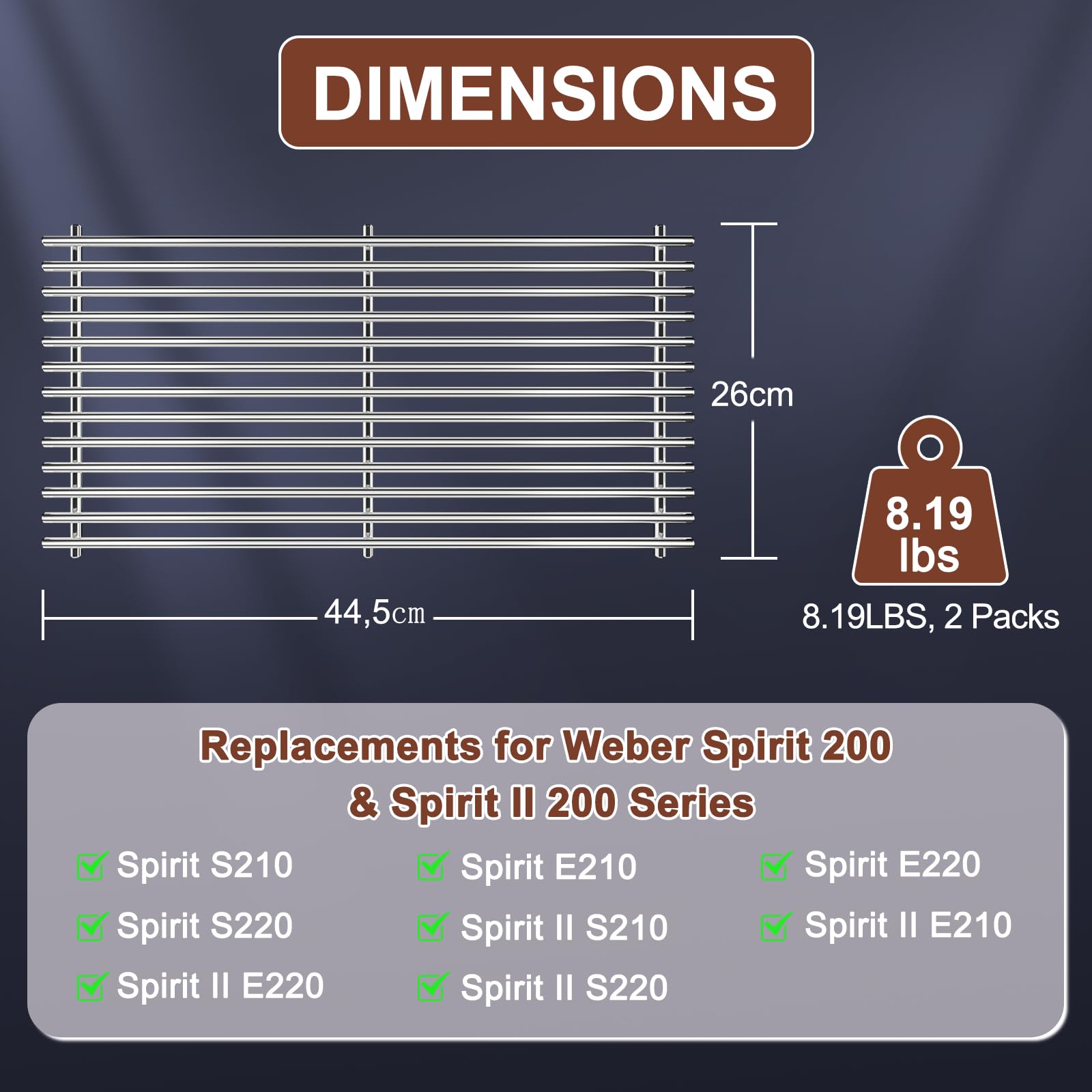 Denmay Edelstahl Grillrost 44,5 x 26cm für Weber Spirit I & II E210 E220 S210 S220 2 Stück