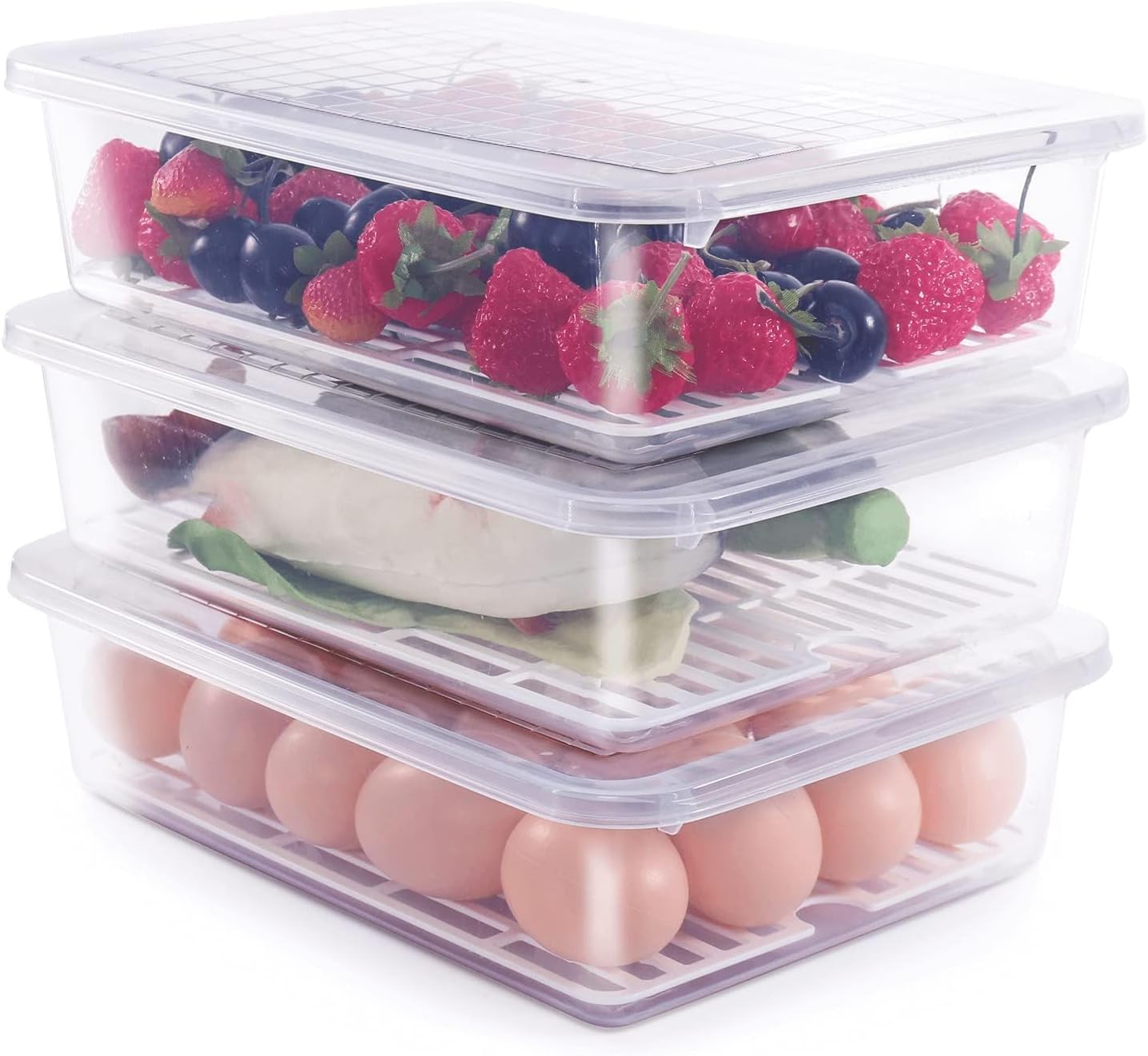 77L Food Storage Container, (3-Pack) Plastic Food Containers with Removable Drain Plate and Lid, Stackable Portable Freezer Storage Containers - Tray to Keep Fruits, Vegetables, Meat and More