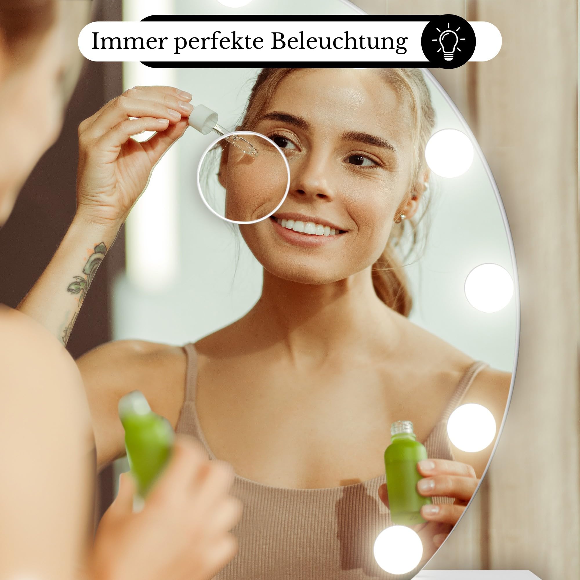 Bayt Hollywood Spiegel Rund (Ø 55 cm), Schminkspiegel mit Licht, LED Spiegel Schminktisch mit 10x Vergrößerung, Touch-Schalter & Dimmbar, Vanity Mirror, Weiß