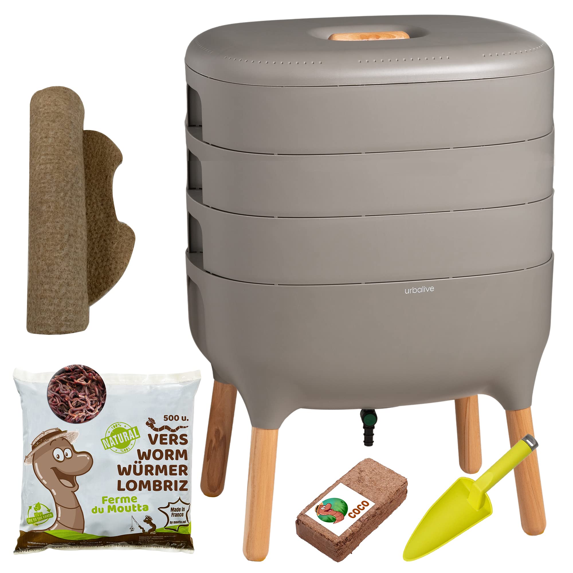 Urbalive 3 Schalen Grau, Komplettset I Design Wurmkomposter I 250g Kompostwürmer / 500 STK. I Startersubstrat I Hanfmatte + Schaufel I Innenraum, Balkon und Garten