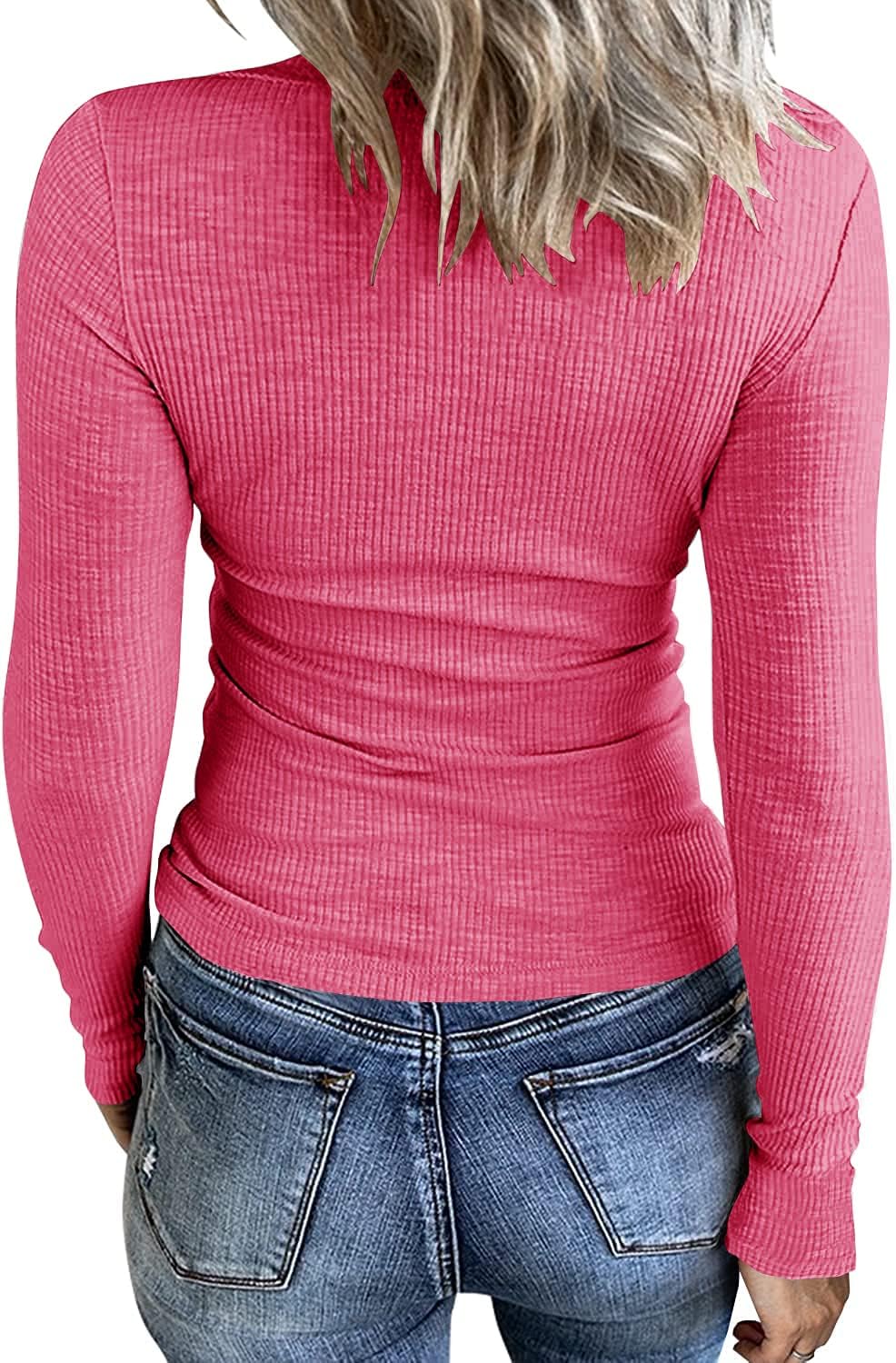 Roselux Women Long Sleeve Scoop Neck Ribbed Fitted Knit Shirt Basic T-Shirts - Image 2