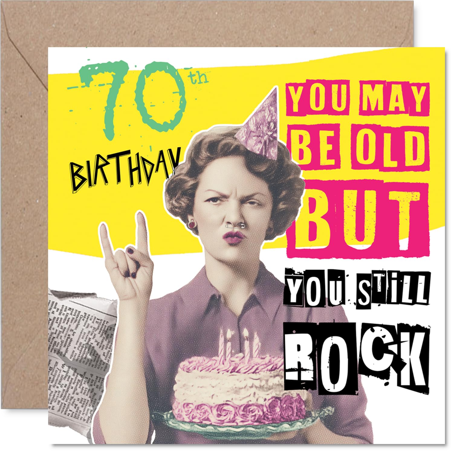 Funny 70th Birthday Card - Still Rocking at 70 - Retro Humour with Bold Yellow and Pink Design - Guaranteed to Spark a Birthday Grin - 145mm Square, Envelope Included